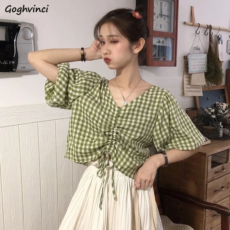 Women Blouses V-neck Short-sleeve Summer Pleated Lace-up Plaid Sweet All-match Girls Ulzzang Tops Shirts Leisure Elegant Chic Women Blouses V-neck Short-sleeve Summer Pleated Lace-up Plaid Sweet All-match Girls Ulzzang Tops Shirts Leisure Elegant Chic