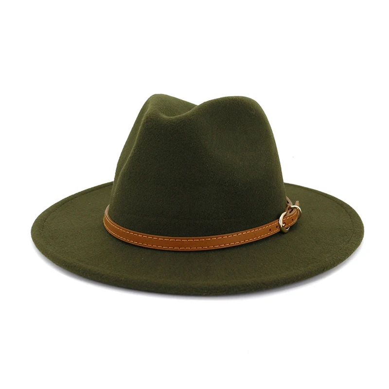 FS 16 цветов, женская и Мужская шерстяная фетровая шляпа с поясом, элегантная дамская шляпа для джентльменов, зима-осень, с широкими полями, джазовая, церковная Панама, сомбреро, Кепка - Цвет: Army Green fedora