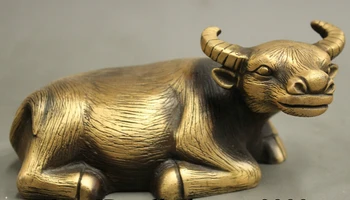 

JP S0606 Folk Chinese Bronze Year Zodiac Animals Lying OX Bull Copper Statue Sculpture