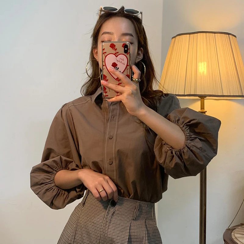 Woherb Korean Chic Blouse Women Loose Vintage Lantern Sleeve Blusas 2020 Casyal Ladies Office Shirt