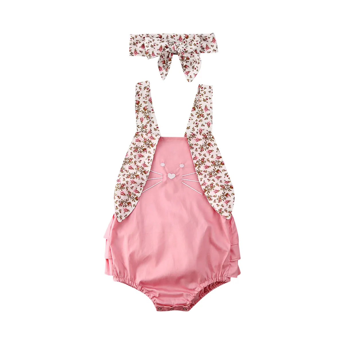 

Cute Newborn Baby Girls Bunny Jumpsuit Headband Cartoon Print Sleeveless Ruffles Backless Easter Outfits Clothes