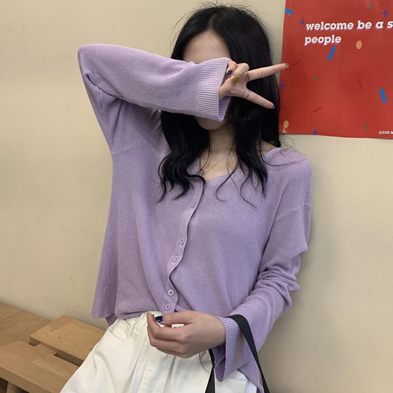 Women 2020 Autumn spring Button Front Crop Knitted Top V-neck Ribbed Knit Cardigans Soft Sweater For |