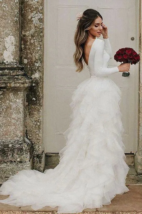 ^*Best Offers Vintage Trouwjurken Lange Mouwen Ruches Rok A-lijn Bridal Dress O-hals Backless Bruidsjurken ^*Best Offers Vintage Trouwjurken Lange Mouwen Ruches Rok A-lijn Bridal Dress O-hals Backless Bruidsjurken