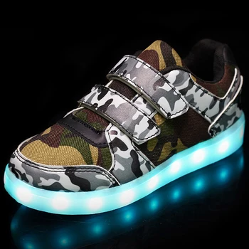 

New Green Bright Solid USB Led Light Up Kid Shoes Breathable Hook &Loop Children Charging Luminous Sneakers For Girl&Boy 25-37