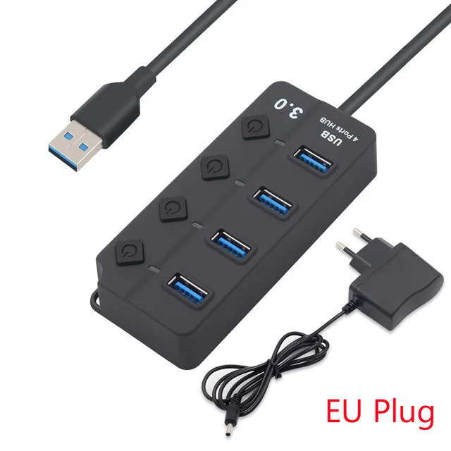 4 ports EU Plug Usb-хаб высокоскоростной 4/7 порт USB 3,0 концентратор разветвитель вкл/выкл переключатель с ЕС/США адаптер питания для MacBook ноутбука ПК - Цвет: 4 ports EU Plug