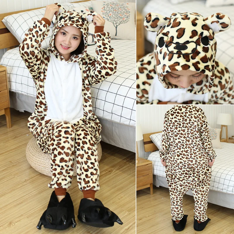 leopard Bear Женские пижамные комплекты с единорогом; фланелевые пижамы для взрослых с милыми животными из мультфильмов; детская зимняя Пижама унисекс с рисунком панды; одежда для сна; домашняя одежда - Цвет: leopard Bear