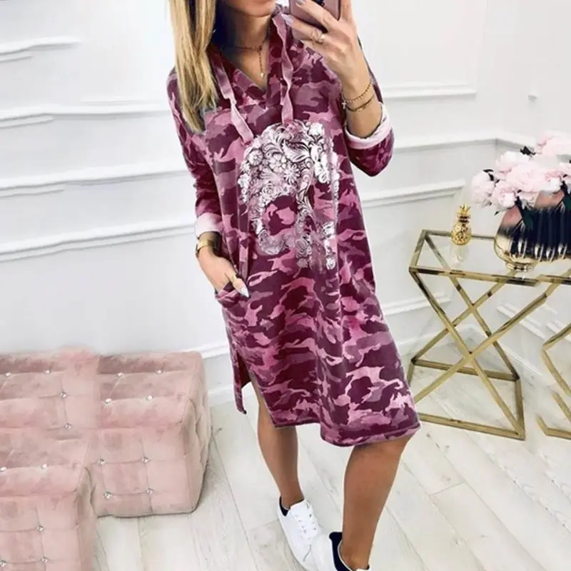 

Camouflage Short Dress Women 2019 Autumn Fashion Skull Print Plus Size Causal Robe Vestido Korean High Street Hooded Dresses 3XL