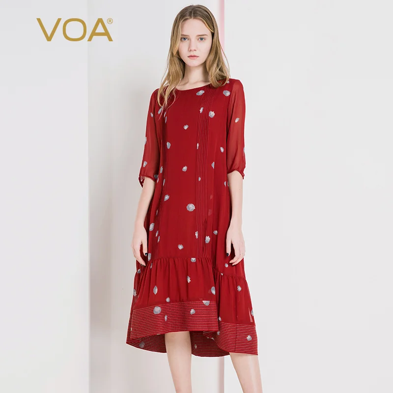 

VOA Caramel Crew Neck Short Sleeve Non-symmetrical Clothing Long Pleated Joint Loose-Fit Mid-length Silk Dress AJ631