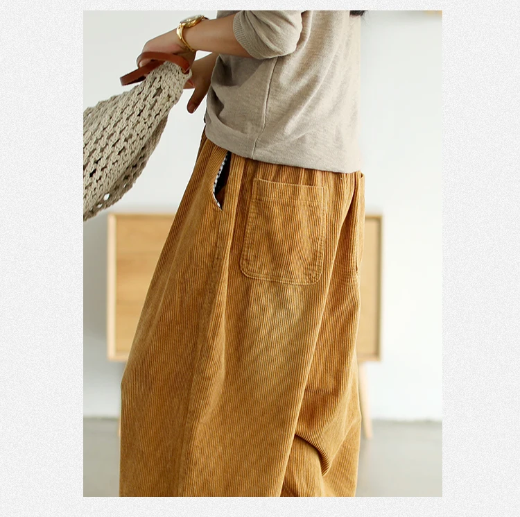 Осенние женские брюки большого размера, Свободные повседневные вельветовые брюки, новинка, эластичный пояс, шнурок, карман, женские брюки универсальные