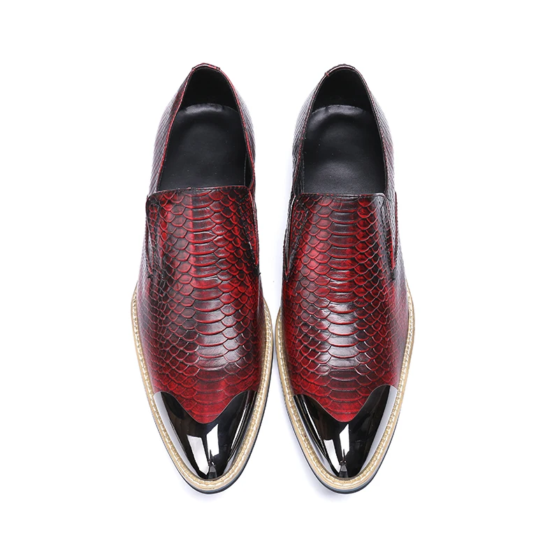 

Mens Snakeskin Pattern red Casual Oxfords Man Wedding Flats shoes Men's Fashion Genuine Leather slip-on Dress shoes