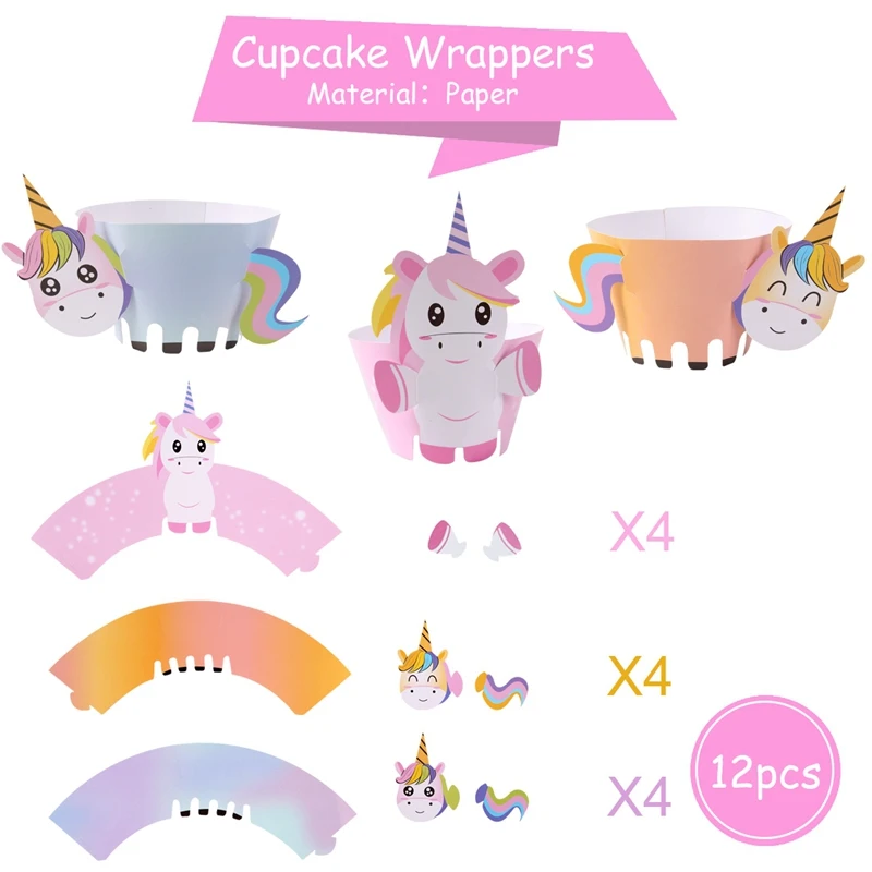 Cupcake Wrappers QIFU Единорог, вечерние наклейки на бутылки, посуда, коробка для конфет, единорог, украшения для дня рождения, Детские сувениры, принадлежности для шаров в виде единорога - Цвет: Cupcake Wrappers