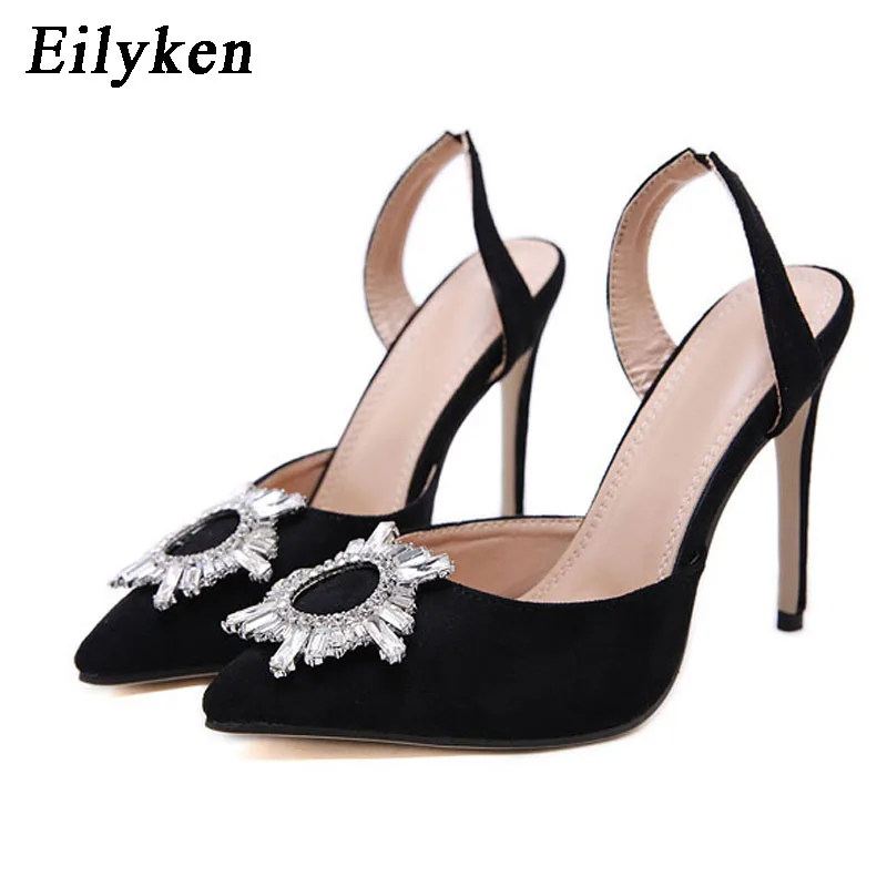 Eilyken Fashion Design Silver Diamond sunflower Women Pumps Sexy Crystal Pointy Toe High Heels Shoes Back Strap shoes