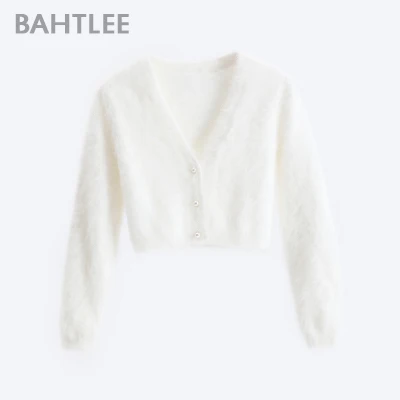 White BAHTLEE Для женщин ангоры укороченные кардиганы свитер осенне-зимнее, связанное из шерсти джемпер пальто одежда с длинным рукавом и круглым вырезом, комплект из стиль обувь с жемчугом и с пряжкой - Цвет: White