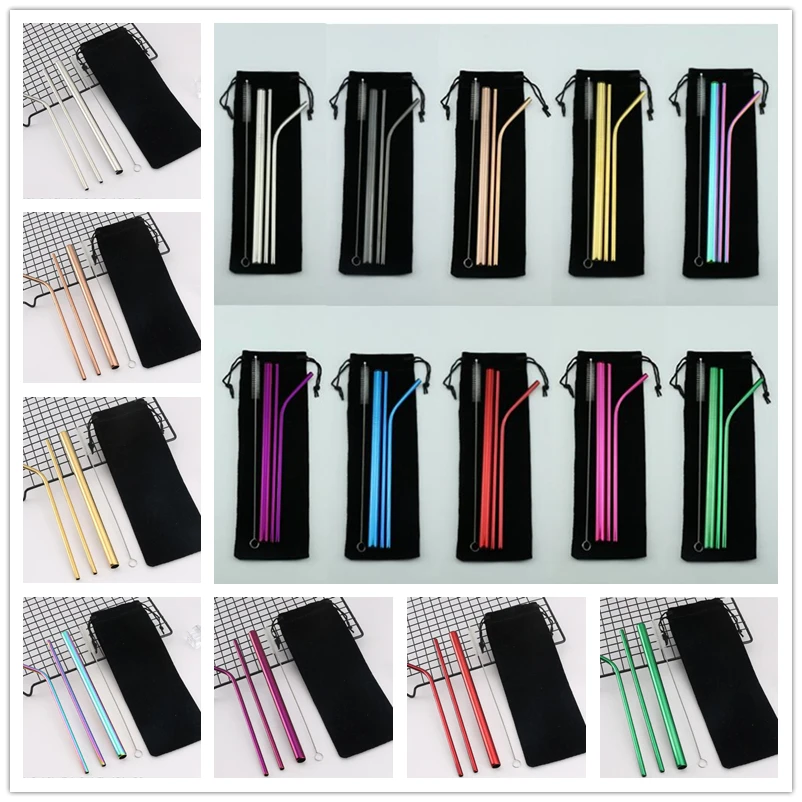 

5pcs/lot 304 Stainless Steel Straw Reusable Straw Milk Tea Smoothies Metal Drinking Straws Set With Brush & Bag For Wedding Bar