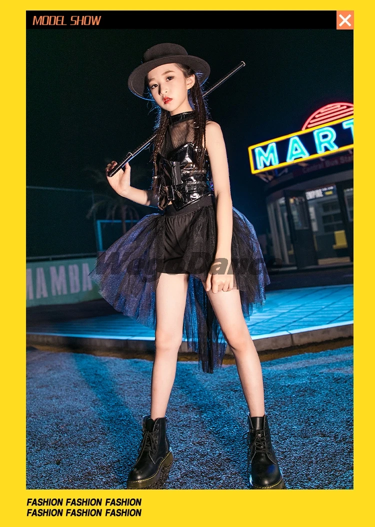 Children Jazz Dance T-stage Model Walk Show Suit Girl Fashion Dance Performance Dress Pu Leather Top And Skirt Set