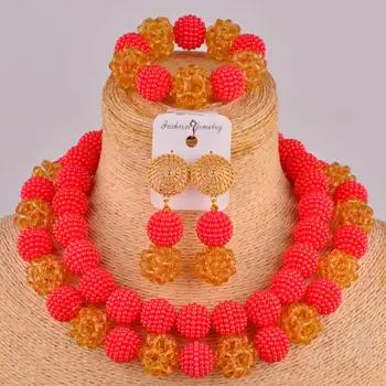 

red and champagne gold african wedding beads necklace jewelry set nigerian costume jewelry sets FZZ96