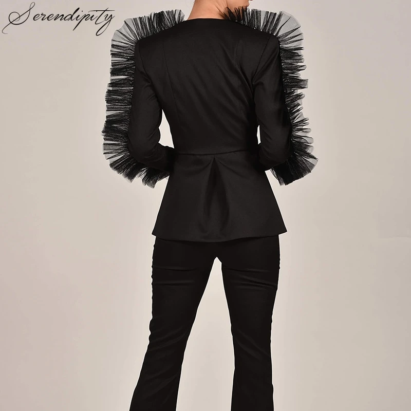 SRDP Unique Lace Feathers Mesh Sexy Blazer Coat Women Night Club Party Ruffle Blazer Suits Festival Fashion High Street Clothing