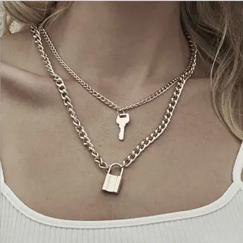 

Fashion Key Padlock Pendant Necklace for Women Gold/Silver Lock Necklace Layered Chain on the Neck With Lock Punk Jewelry