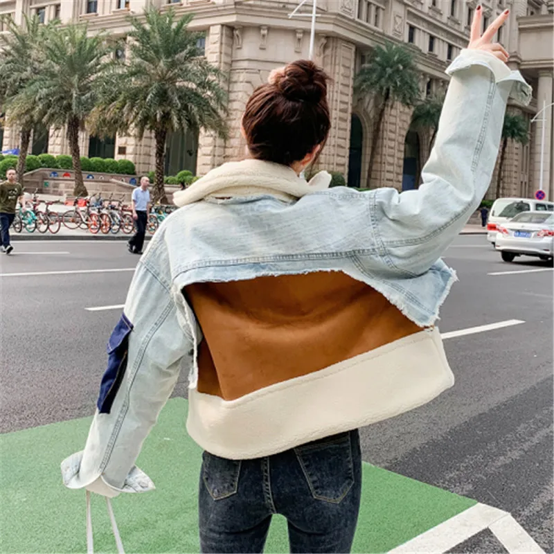 price cut  Stylish Color Blocking Denim Fabric Patchwork Lamb Wool Coat Women Thick Warm Winter Jacket Woman F