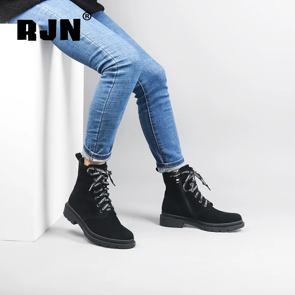 

RJN Comfortable Round Toe Ladies Ankle Boots Strange Strap Design Square Med Heel Shoes Kid Suede Zipper Women Winter Boots R20