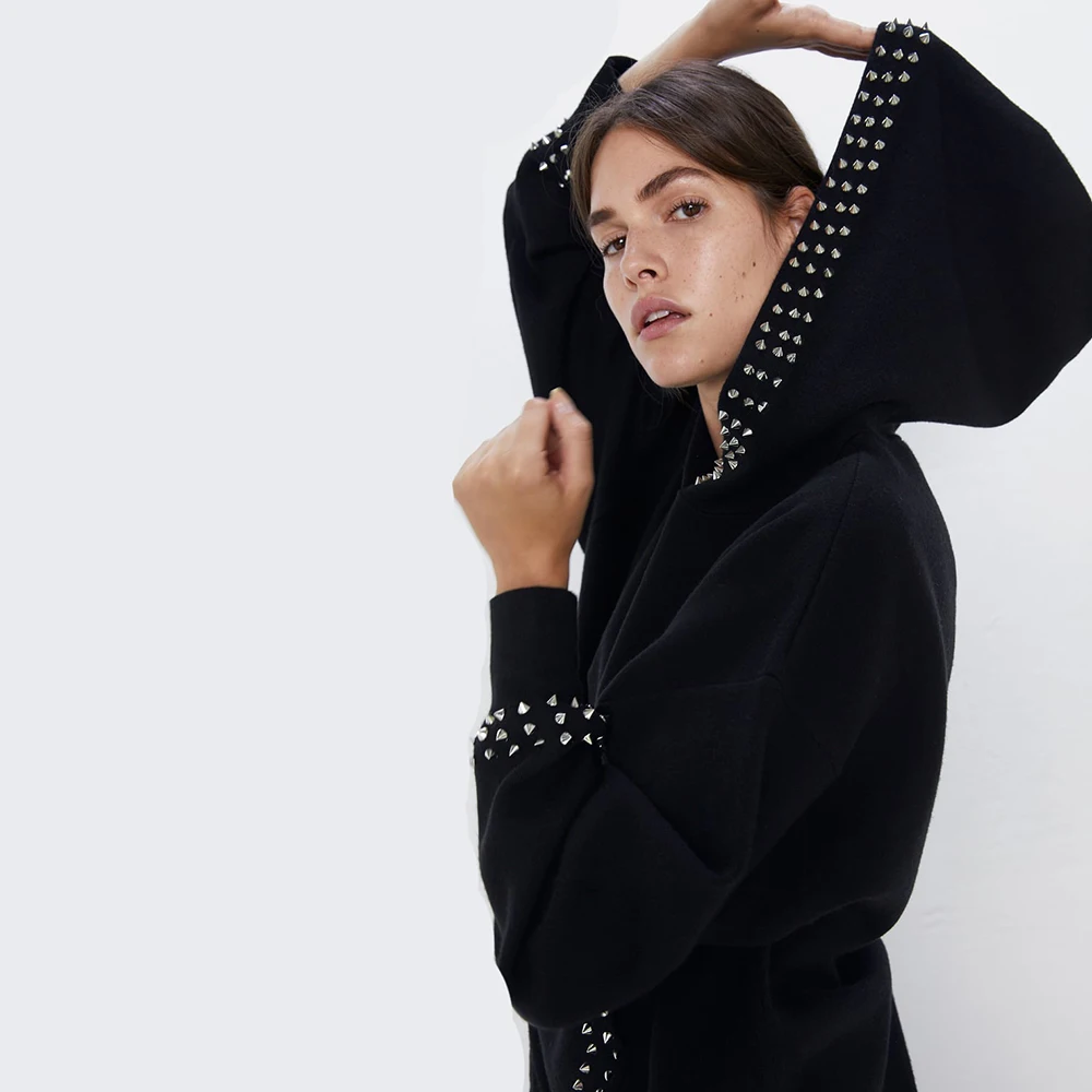 ZA Winter Knit Women's Sweatshirt Top Rivet Decorated Long-sleeved Hooded Standing Collar Splice Metal Laced Sweatshirt