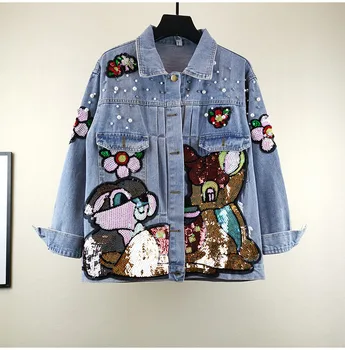 

2020 Spring Fashion Cartoon Sequins Embroidered Denim Coat Women Korean Student Leisure Loose Jeans Jacket Coats Overcoat 2053