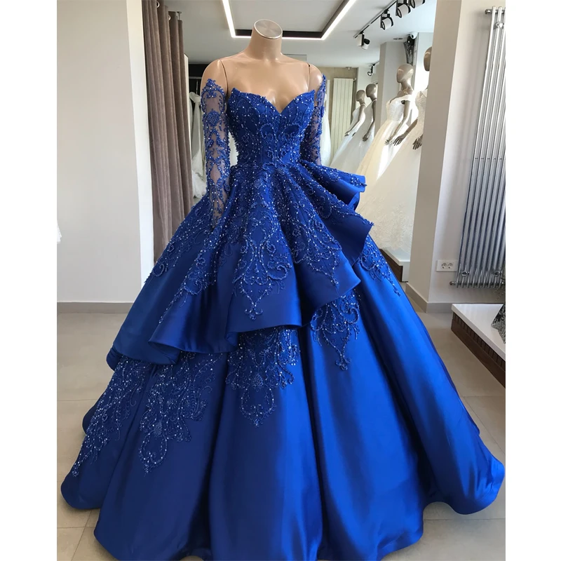 

Robe De Soiree Luxury Royal Blue Beading Appliques Long Evening Dress 2019 Illusion Long Sleeves Satin Tiered Formal Party Dress