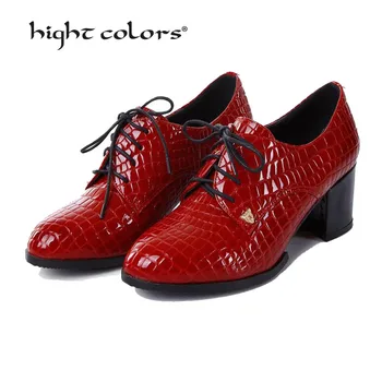 

(33~42) New 2020 Spring Vintage Lace Up Women Pumps Red Black Oxford Shoes Thick Heel Patent Leather High Heels Lady To-920