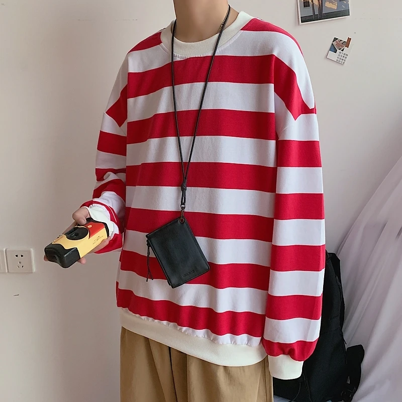 red Men's 13 Color Full High-quality Coats Stripe Printing Hoodies Mens Cotton Clothes Pullover Casual Loose Sweatshirts Size M-5XL - Color: red