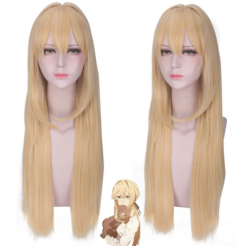 

High Quality Anime Violet Evergarden Cosplay Wig Long Wave Blonde Heat Resistant Synthetic Hair Perucas Costume Wigs+ Wig Cap