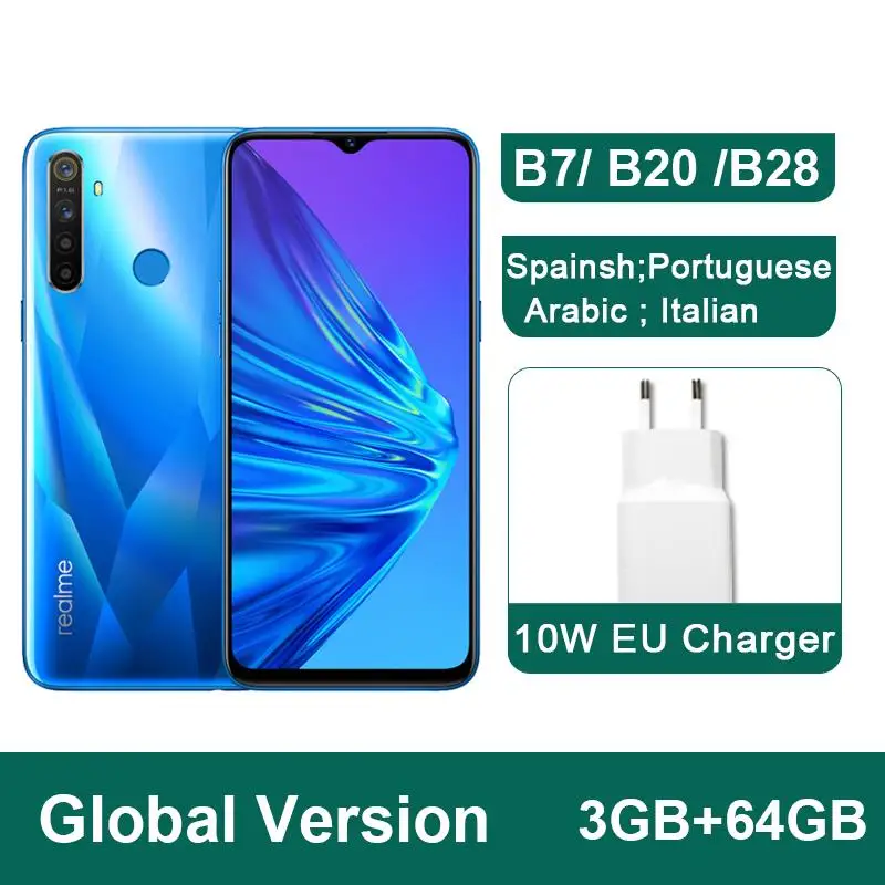 Глобальная версия realme 5 3GB 64GB 6,5 ''мобильный телефон Snapdragon 665 Восьмиядерный четырехъядерный мобильный телефон 5000mAh VOOC 10W быстрое зарядное устройство - Цвет: 3GB 64GB Blue