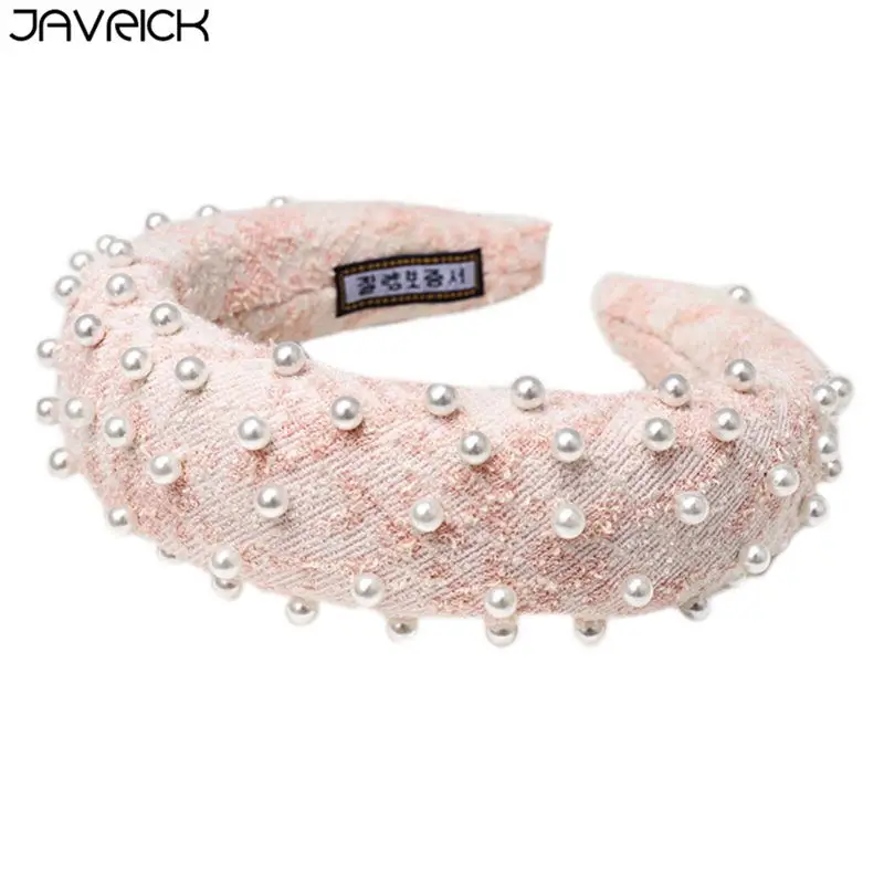Pink Корейский Толстый обруч для волос с подкладкой из губки; женская вязаная широкая повязка из змеиной кожи с ромбовидным узором; вечерние головные уборы с искусственным жемчугом и бусинами - Цвет: Pink