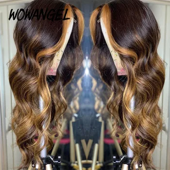 

WOWANGEL Pre Plucked Brazilian Remy Hair 13*6 Lace Front Wig Wavy Ombre Blonde Highlights Color 180% Density Middle Deep Part
