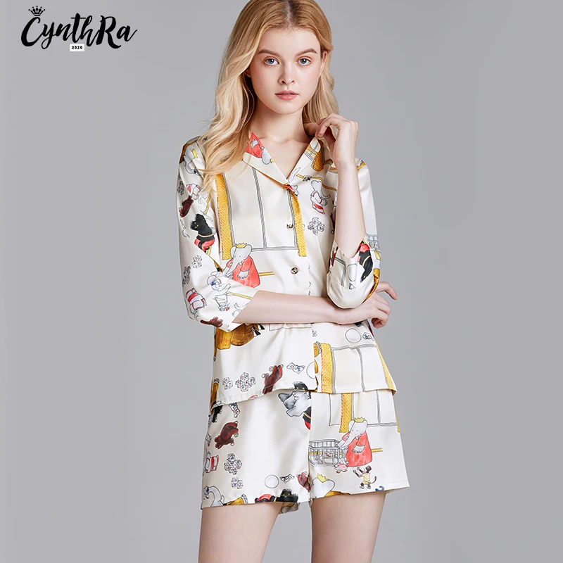 CYNTHRA 2 Piece Sleepwear 2020 New Summer Women Homewear Faux Silk France Style Pajamas Set half sleeve Pajamas Suit  Sleepwear