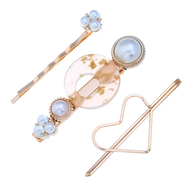 

South Korea GIRL'S Simple MORI Series Heart Panel Alloy Barrettes Network Red Pearl Side Clip Long Clip Triangular Case Hair Acc