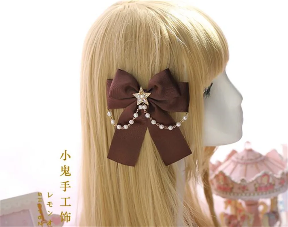 Готическая японская Лолита коричневый головной убор Kawaii принцесса шпилька для волос с бантом жемчужная цепь украшения обруч для волос аксессуары B469