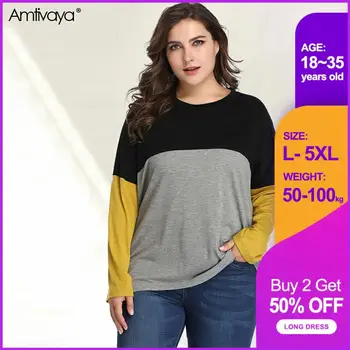

Amtivaya 2019 Womens T Shirt Colored Patchwork O-Neck Long Sleeves Tops Plus Size Tees for Women 5XL Fashion Large Size T Shirts