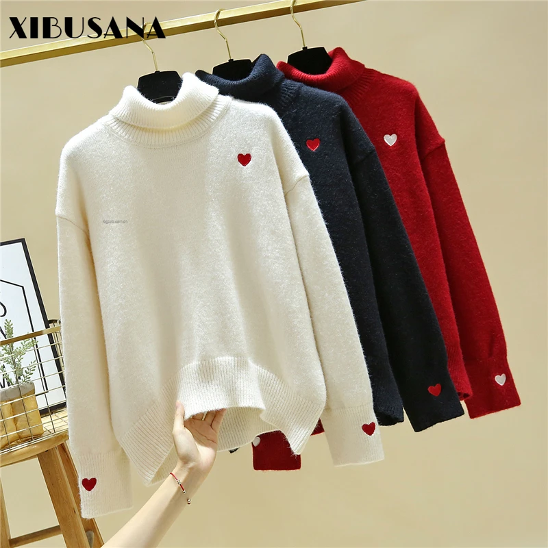 

XIBUSANA women's sweaters 2020 winter new wool casual Turtleneck long sleeve solid Embroidery pullovers knitting shirts female