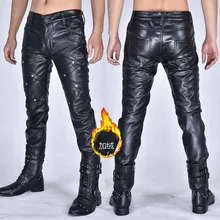 Зимние европейские и американские простые модные повседневные мужские кожаные брюки локомотив плюс бархатные Мужские Сценические тонкие кожаные штаны