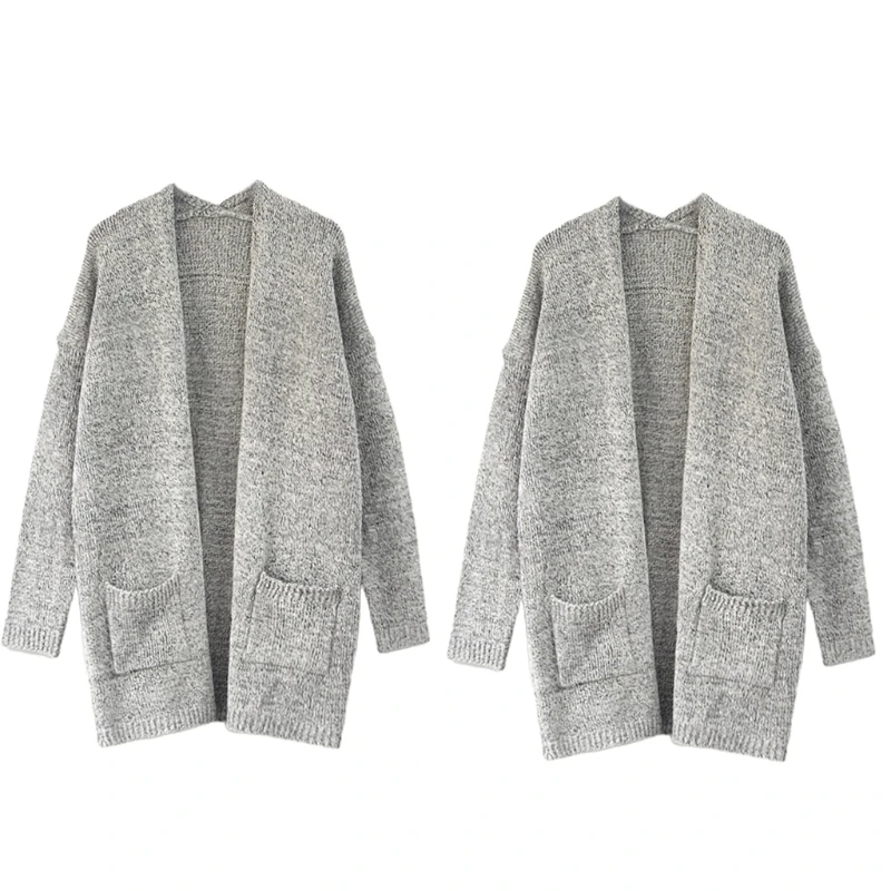 

Women Long Sleeve Sweater Cardigan Open Front Gray Oversized Coat with Pockets