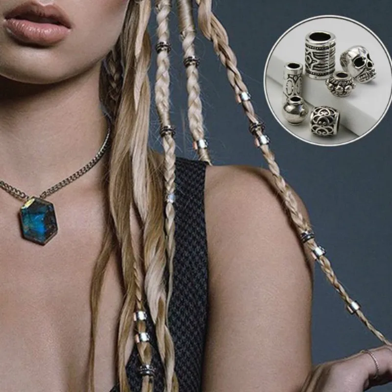 Rings-Tube Jewelry Beads Hair Braid Dreadlock Silver 40-Style Retro Metal 5pcs 6mm Inner-Hole
