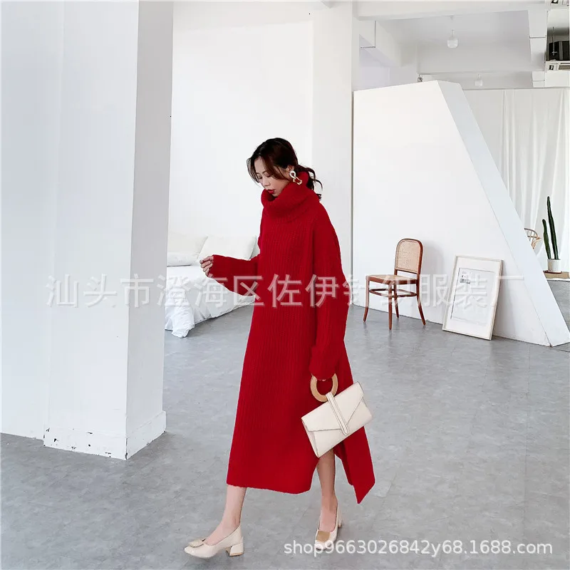 winered Новая зимняя плотная водолазка с длинными рукавами вязаный Свободный Длинный свитер большого размера пуловер F746 - Цвет: winered