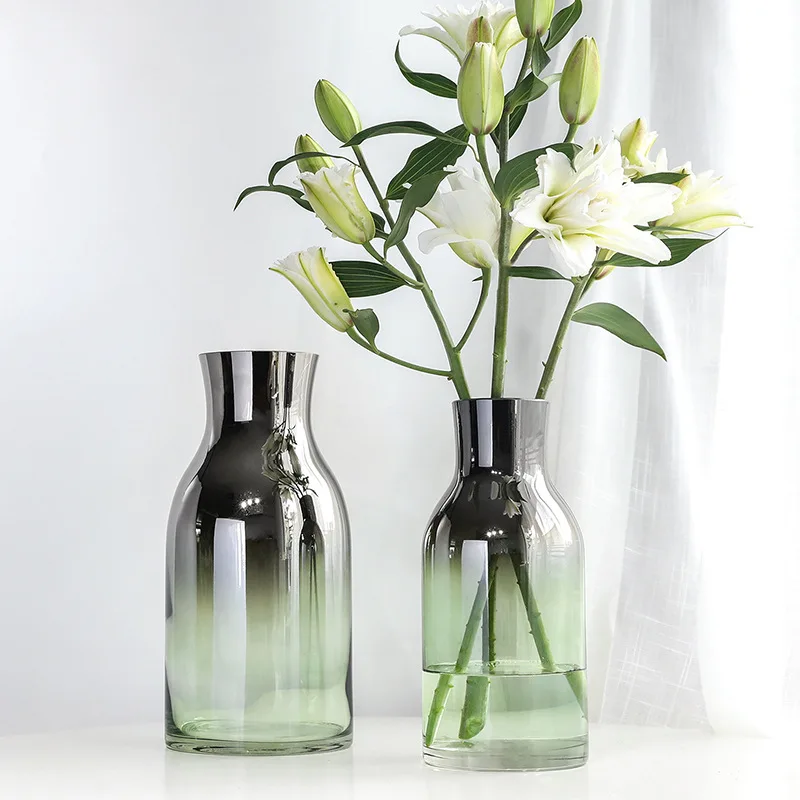 Nordic Plating Modern Wind Simple Mustard Green Transparent Glass Vase Flower Flower Arrangement Home Decoration Ornaments
