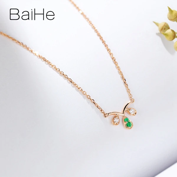 BAIHE Solid 18K розовое золото Сертифицированный 0.03ct круглый натуральный изумруды женские свадебные модные ювелирные изделия Подарочные ожерелья