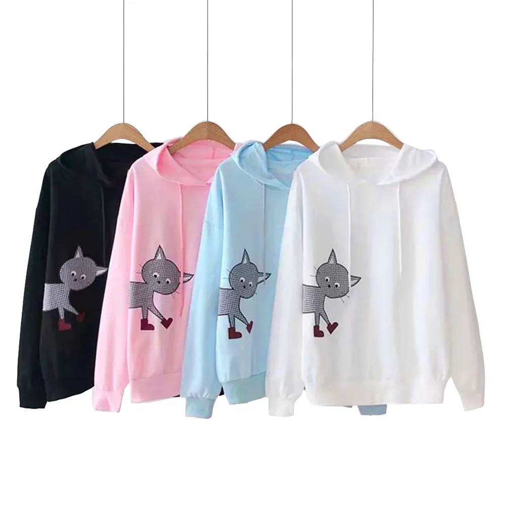 

Stylish Bar 2019 Autumn Harajuku Sweatshirts Kawaii Cat Looking Out Side Print Women Casual Hoodies Lady Girl Hipster Jumper