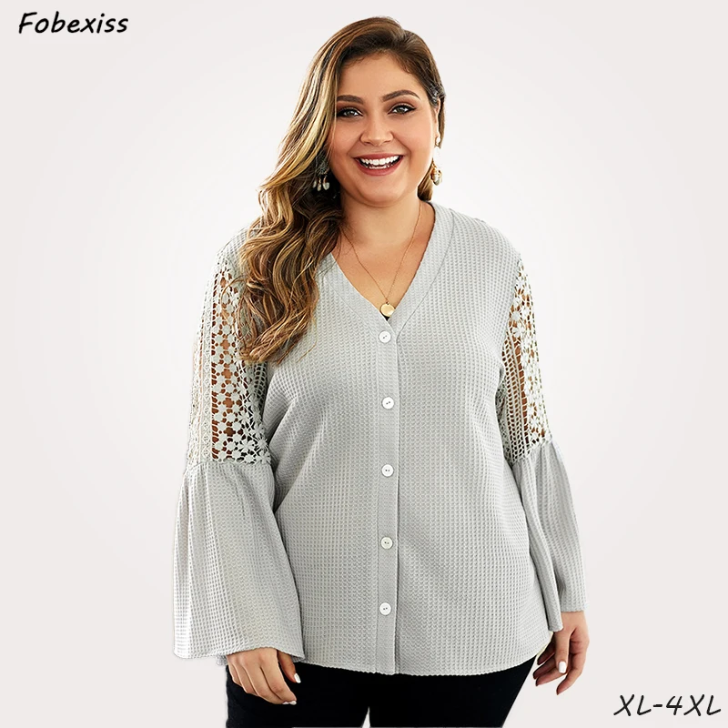 

Lace V Neck Sweater Sexy 4XL Plus Size long Sleeve Flare Grey Knitted Jumpers Autumn 2019 Fashion Woman Clothes Woman Sweaters