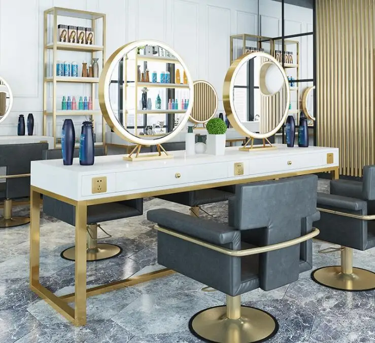 Hairdresser dressing table Barber shop double-sided mirror with lights Dressing table