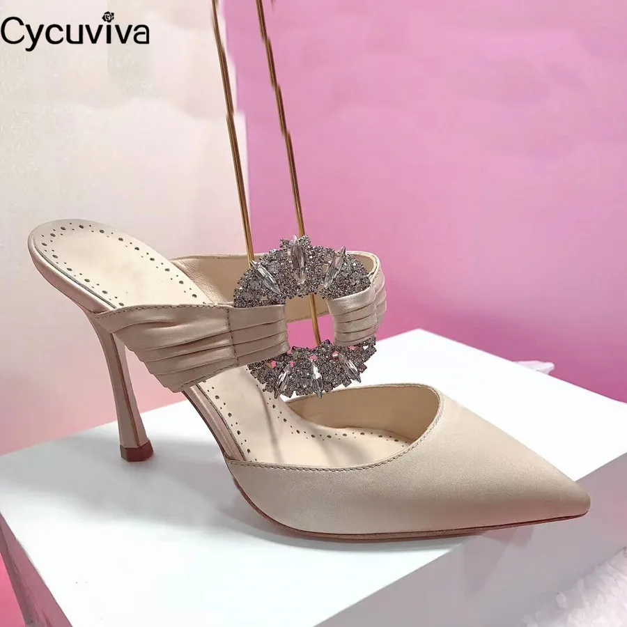 Sexy Rhinestone High Heels Slippers Women Desginer Silk Sandals Runway Party Crystal Shoes Pointy Toe Slides High Heel Slippers