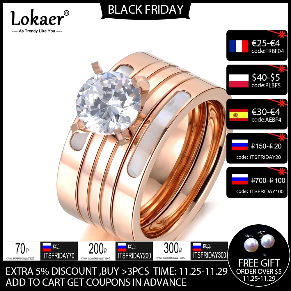 Lokaer Big CZ Crystal 3 in 1 Rose Gold Color Wedding Rings Jewelry Stainless Steel Rhinestone Engagement Anniversary Gift R18053 | Украшения