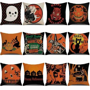 

Halloween Cushion Throw Pillow Case Cushion Cover Skull Witch Pumpkin Print Pillow Linen Cushion Cover Happy Halloween Cushion
